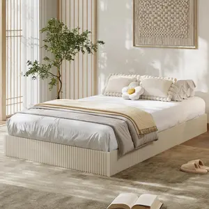 Garvee Individual Bed Frame, Cream Color, Wooden Slatted Platform with Low Profile Design, Minimalist Noise-Free Bed Base, Easy Assembly, No Box Spring Needed