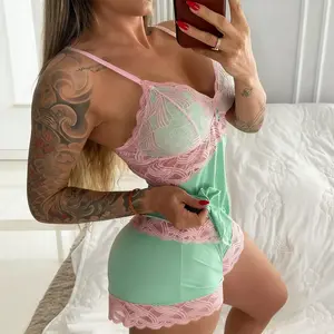 Women's Lace Trim V-Neck Open Back Sleepwear Set 2-Piece Petal Contrast Loungewear Pajama Womenswear