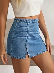 Renaishow Women's Ruched Split Mini Denim Skirt High Waisted Jean Skirts with Stylish Ruching and Split Design