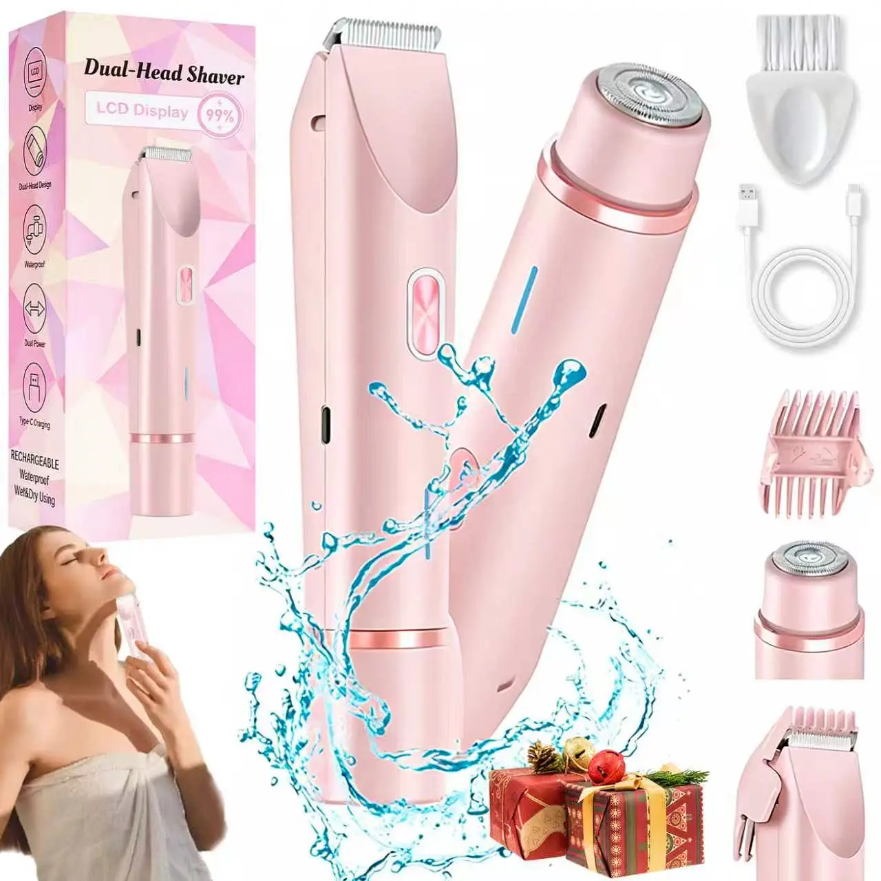 DEBARK Women's 2-in-1 Cordless Electric Shaver & Bikini Trimmer for Women, Ceramic-Titanium Blades, 10000RPM, IPX7 Waterproof, USB Rechargeable, Travel Size Lightweight Removable Portable, Self Care Beauty Product, Womens Gifts for Mum