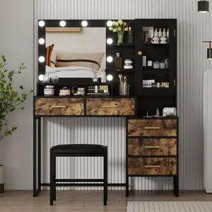 53.5" Makeup Vanity Table with Mirror and LED Bulbs, 5 Drawers, Charging Station & Cushioned Bench for Bedroom