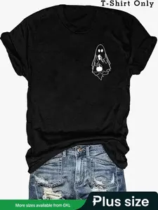 【Plus Size】 Ghost & Pumpkin Print Round Neck Tee, Casual Short Sleeve Crew Neck T-shirt for Summer, Women's Plus Clothing for Daily Wear, Halloween