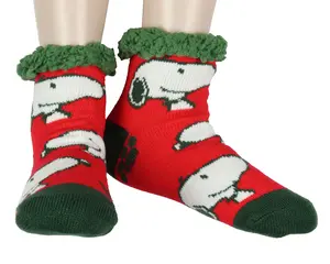 Peanuts Women's Snoopy AOP Face Knit Faux Shearling Lined Thick Fuzzy Slipper Crew Socks Shoe Size 5-10 Sock Size 9-11
