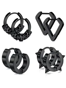 Men's Stainless Steel Heart & Spikes Earrings Set, 4 Pairs Huggie Hoops for Stylish Daily Wear, Durable Metal Design, Hinged Segment Hoop