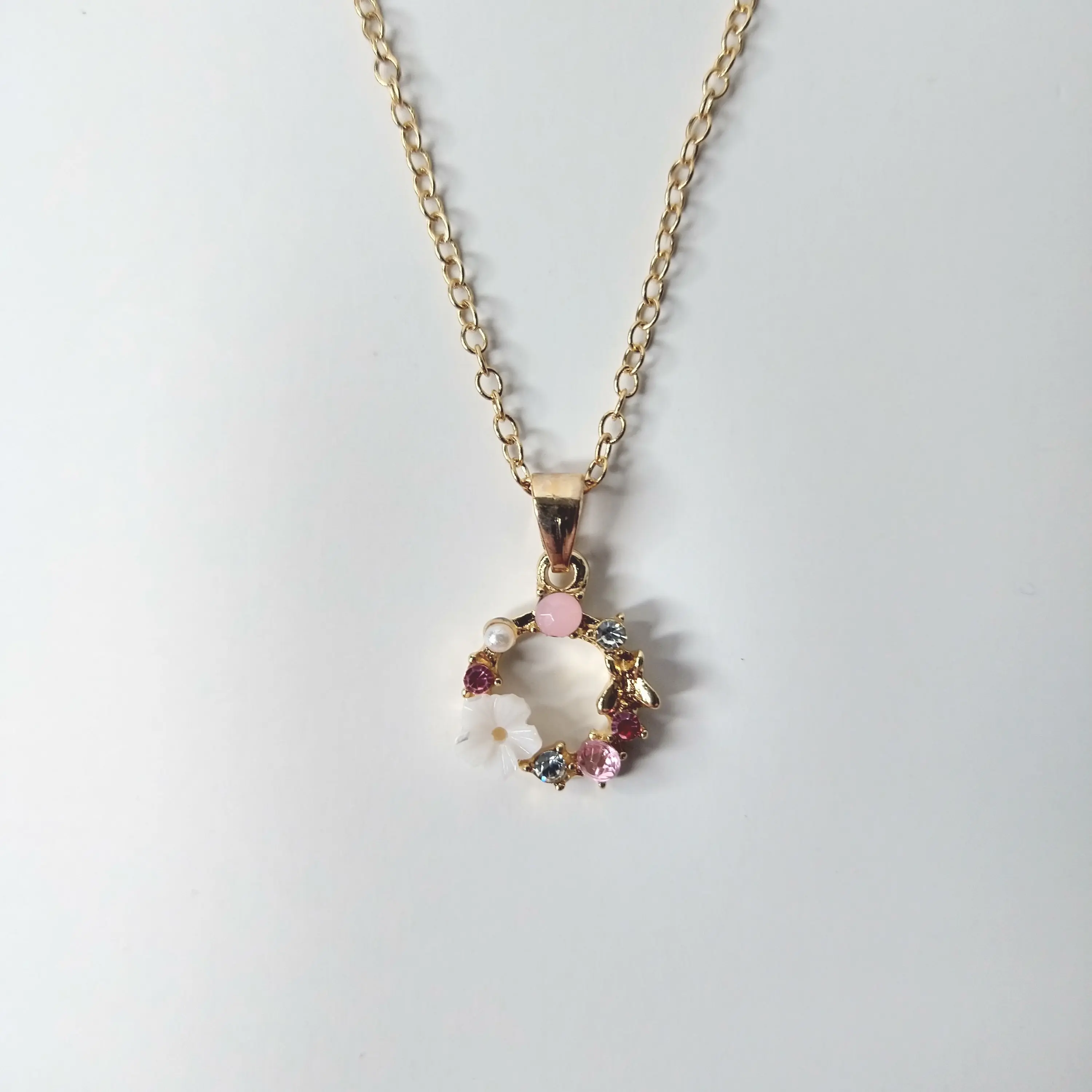 #570 Spring Wreath with White Flower, Golden Butterfly, Faux Pearls, Various Pink & Clear Rhinestones Necklace with 18 inch chain & 2 inch extender, Casual, Everyday Spring Jewelry, Alloy