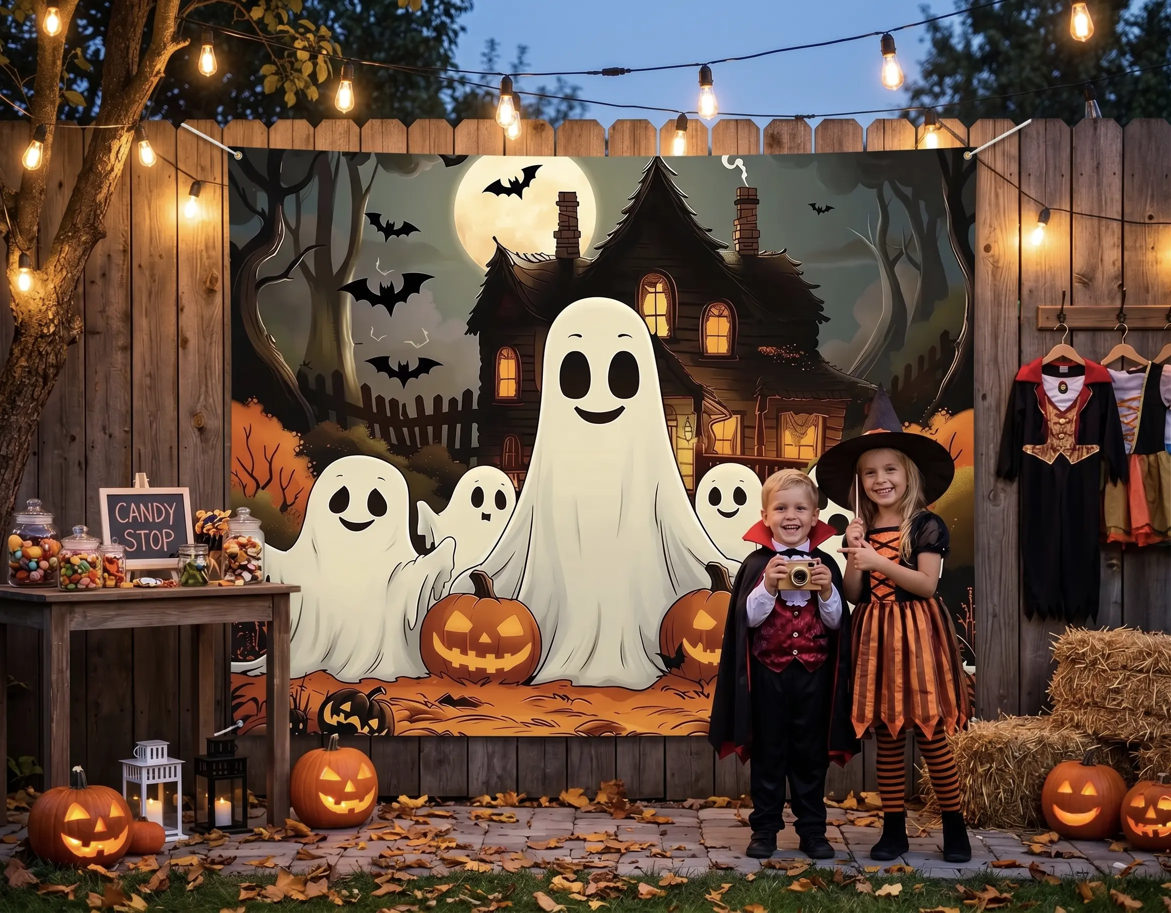 Cute Halloween Backdrop 4x6 FT, Ghost Pumpkin Haunted House Party Background Banner, Halloween Decorations for Kids Party Photo Booth, Polyester Wall Decor for Home Classroom Event