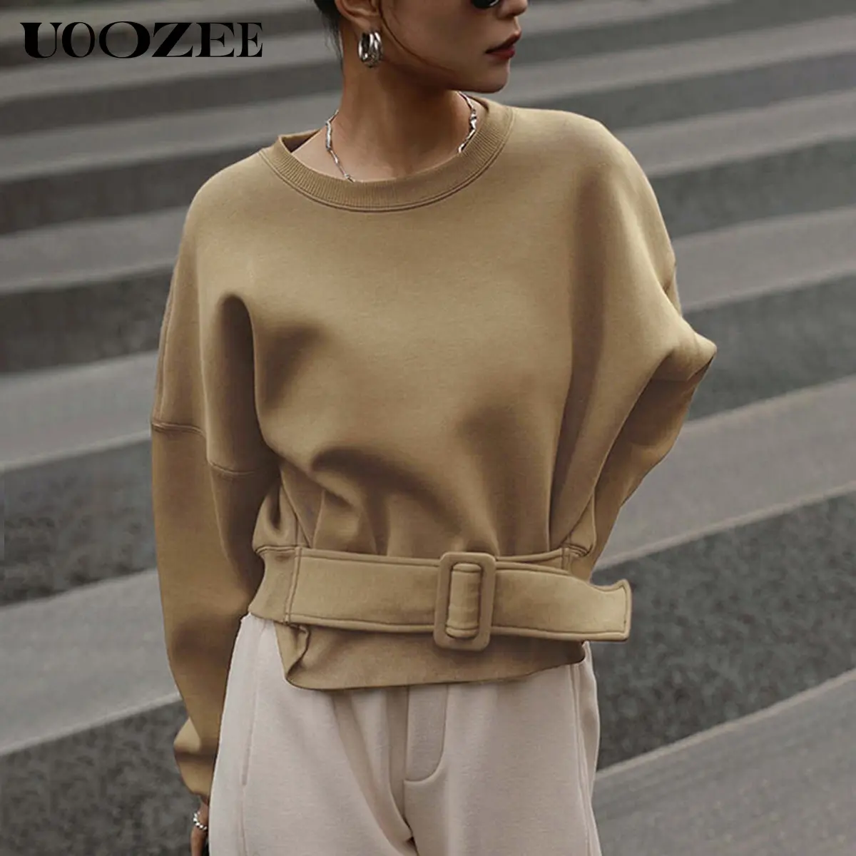 UOOZEE Women's Polyester-Elastane Hoodie Sweatshirt, Solid Loose-Fitting Baggy Casual Long Sleeve Round Neck Top with Belt Buckle, Hand Wash Only, M(6) for Thanksgiving Celebrations