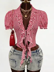 Gingham Ruffle Short Shirt, Bubble Sleeve Tie Front, Retro Style, Slim Fit, Perfect for Dates, Casual, Parties, Photoshoots, Vacations, Music Festivals