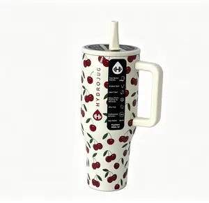 HydroJug 40 oz Insulated Stainless Steel Flask - BPA-Free Portable Traveler Water Bottle with Straw, Large Capacity, Trendy Cherry Print, Car Cup Holder-Friendly, Ideal for Sports & Travel, Flasks