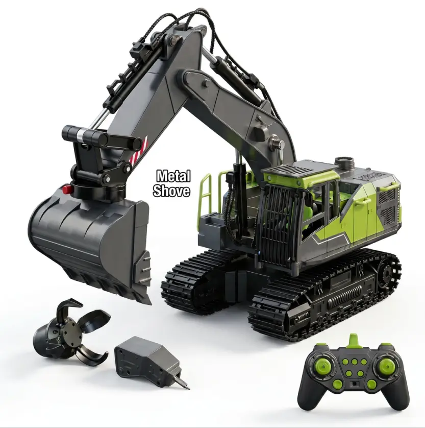 3-in-1 RC Excavator Toy for Boys, Metal Shovel-Drill-Claw RC Construction Truck, 2.4GHz All-Terrain Crawler with Realistic Smoke, LED Cab Lights Glow, Sounds, Dig in Sand/Gravel Gift