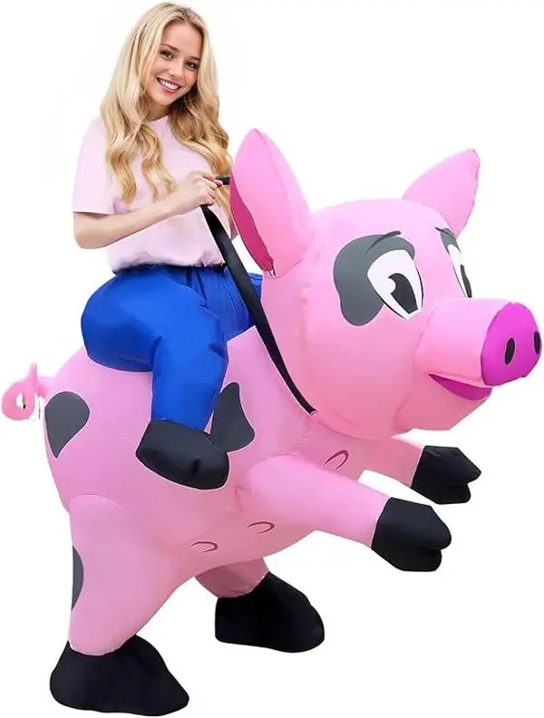 Halloween Inflatable Riding Pink Pigs Costume for Adult Cosplay Party | One Size Fits Most Adult, Dual Power Mode(USB/AA), Waterproof Polyester, Quick Inflate & Compact Storage