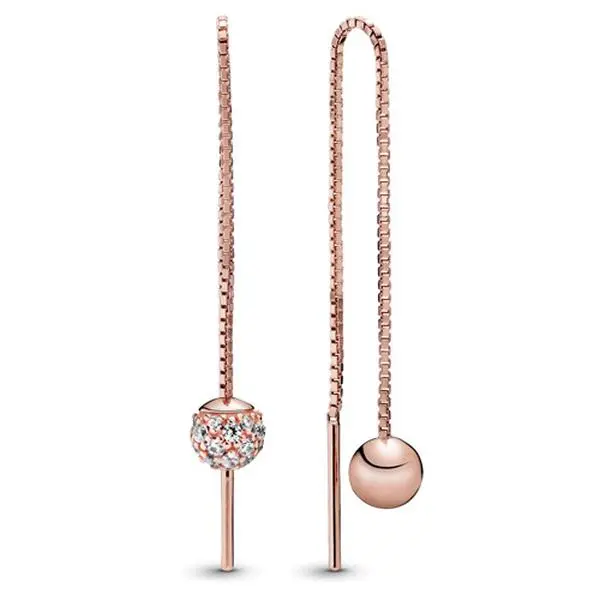 PANDORA Polished & Pave Bead Drop Earrings for Adults, Elegant Mismatched Design with Long Chains, Style 288325CZ