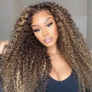 FORGIRL FOREVER Kinky Curly Water Wave Highlight Wig 4/27 Color Pre Plucked Human Hair Wigs 180% Density 13x4 Afro Deep Curly Lace Frontal Wigs