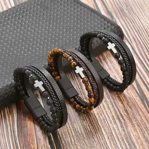 Cross Bracelet for Men Muli-Layer Cross Leather Bracelet Braided Bracelet 19/21cm