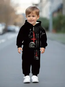 Baby boy hooded sweatshirt set with dark background cross star pattern military-style digital print, casual and comfortable, suitable for daily outings, a trendy and versatile gift for little boys