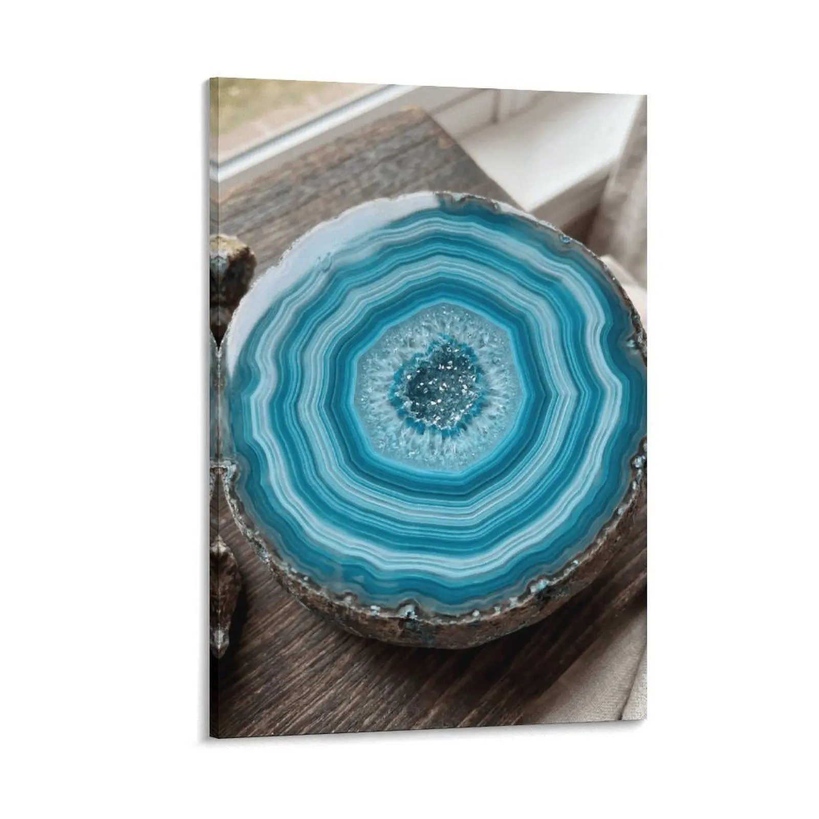 Polished Blue Agate Slice with Natural Layers & Sparkling Geode, Boho Home Decor for Tabletop, Shelf, Crystal Collection, Mineral Art