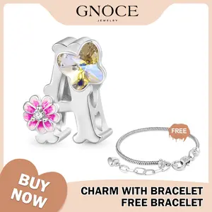 Gnoce Charms with Bracelet Initial Letter Flower Personalized Charm Sterling Silver Charm Fit Bracelet/Necklace for Women Girls 925 Anniversary Auspicious Birthday Daily Engagement Wedding Casual Elegant Ethnic