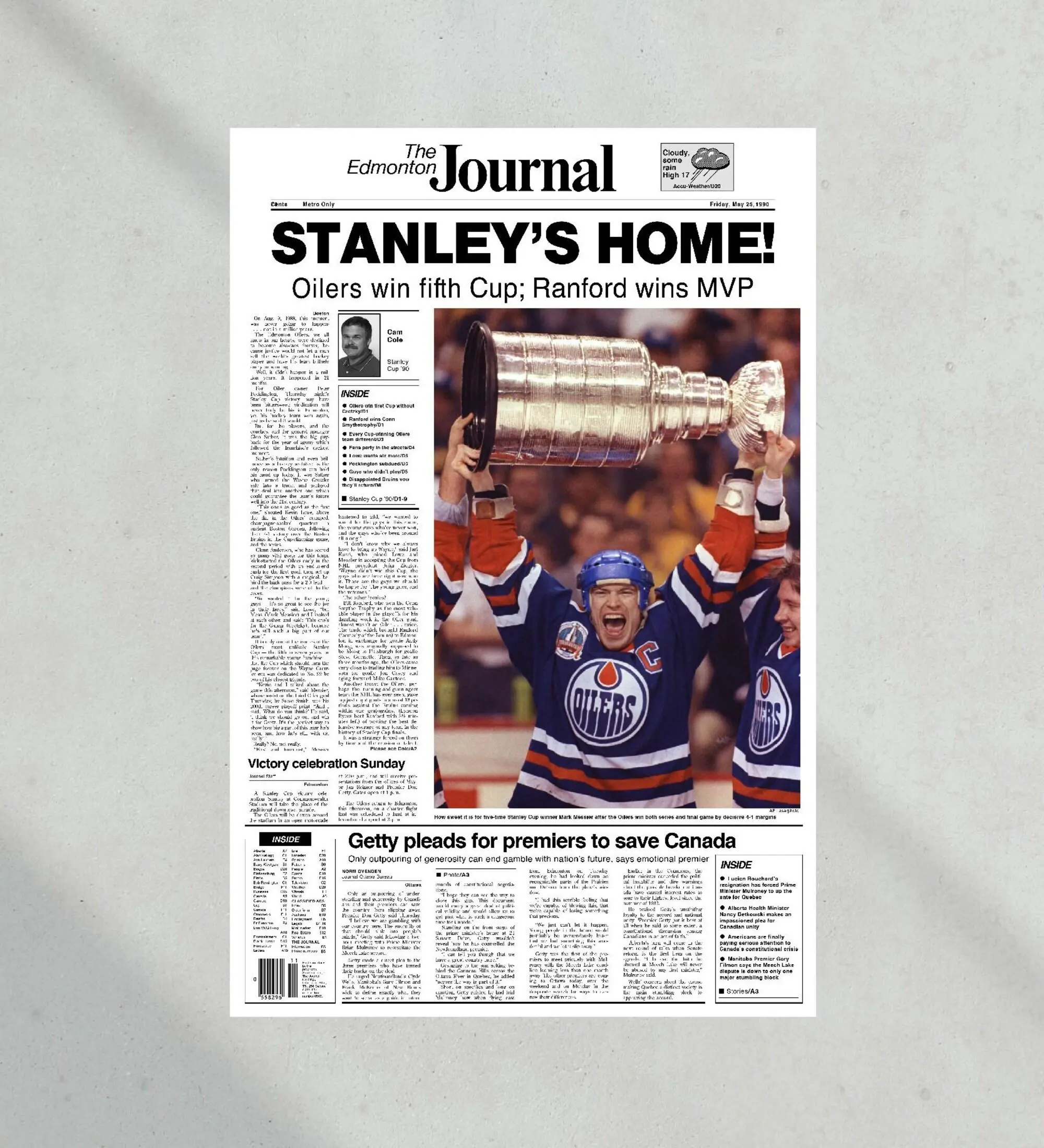 1990 Edmonton Oilers Stanley Cup Champions Mark Messier Front Page Poster Print