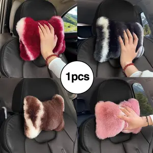 Cute Plush Car Headrest Pillow, Neck Support Cushion, All-Season Vehicle Interior Accessory, Handmade Random Grid Pattern, Car Accessories