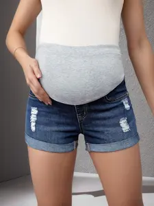 Dark Blue Pregnant Woman Ripped Denim Shorts, Belly Support Mid-Waist Elastic Casual Slimming, Fashionable Plain Style