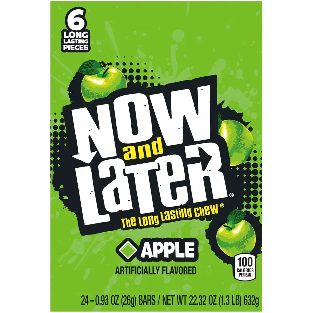 Now and Later apple flavor Chewy Sweet Candy, 0.93oz Boxed Pack (24 Bars) - Low Sodium American Fruit-Flavored Chews, Convenient Room-Temperature Snack Treat, Chewy Dessert Candy, Soft Fruity Candy