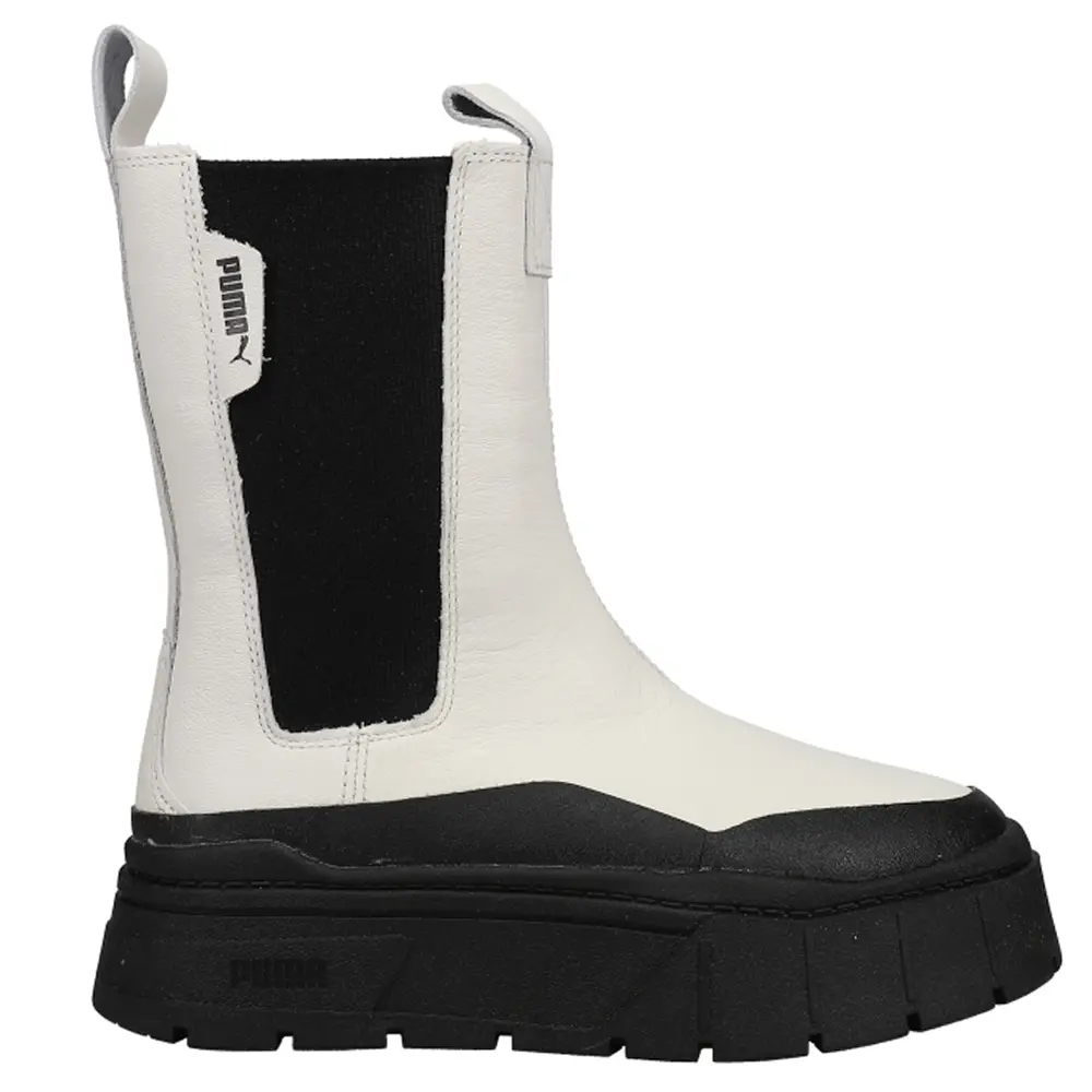 PUMA Womens Mayze Stack Round Toe Chelsea Casual Boots Mid Calf Low Heel 1-2" - Off White