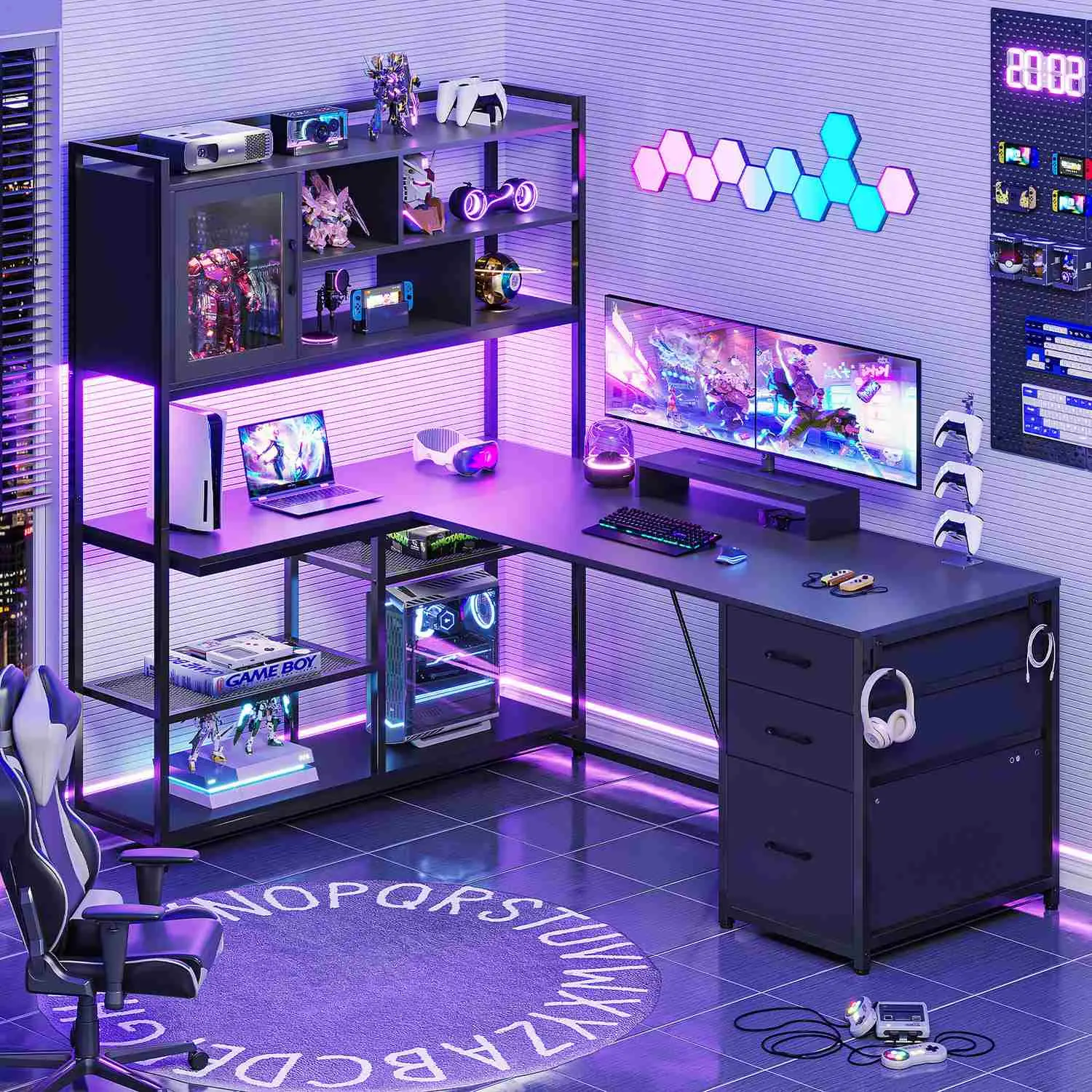 Sedeta 58-Inch Durable Modern L-Shaped Workstation - Wood & Metal Ergonomic Corner Gaming Desk, 7 Shelf Units, Computer-Friendly Office Furniture with Drawers, LED Lighting, Cabinets, Armoires (Cabinet Desks Category)