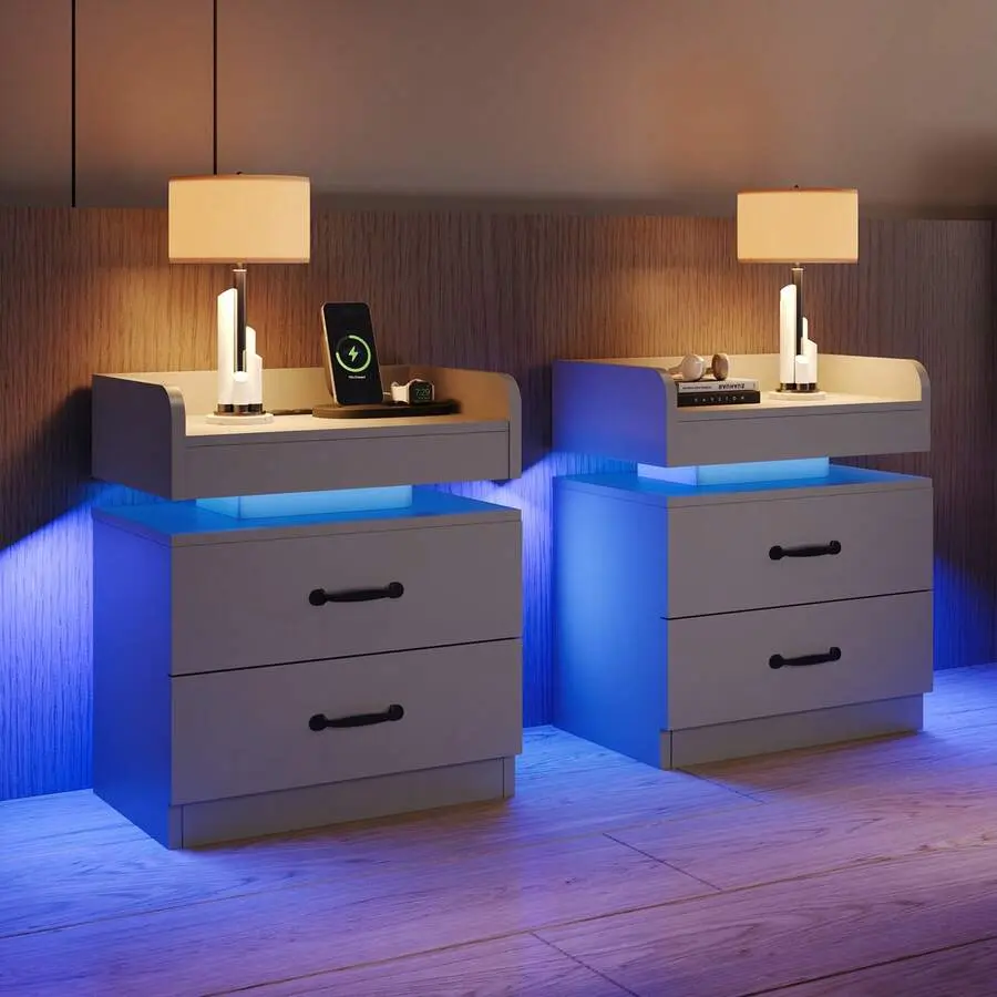 Modern Home Furniture 2-Piece LED Nightstand Set - MDF Wood Vertical Chests with Sturdy Bases, Floating Tops, 2 Storage Drawers, Integrated Smart Lighting, Charging Station for Bedroom Organization, Wooden Vertical Chest, Trend, Usb Port