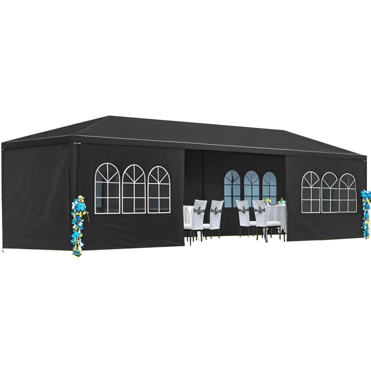 10'*30'*9' Black PE Waterproof Party Canopy Tent, Powder‑Coated Steel Tube Frame with 8 Sidewalls (6 Window Walls+2 Zipper Walls), Outdoor Wedding Parking Shed with Wind Ropes Stakes