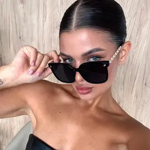 Chunky Square Sunglasses - Sleek Frame with Chain-Link Temple Accents, Star Rivet Details UV400 Protection Shades Perfect for Luxury Street Style and Bold Fashion Slays