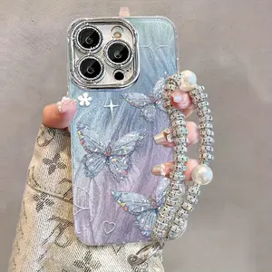 Blue Purple Butterfly pattern mobile phone case with bracelet lanyard, anti-fall, non-slip TPU full-cover lens protective case, suitable for iPhone 16 15 14 13 12 11 XS X and other series models,unique phone case