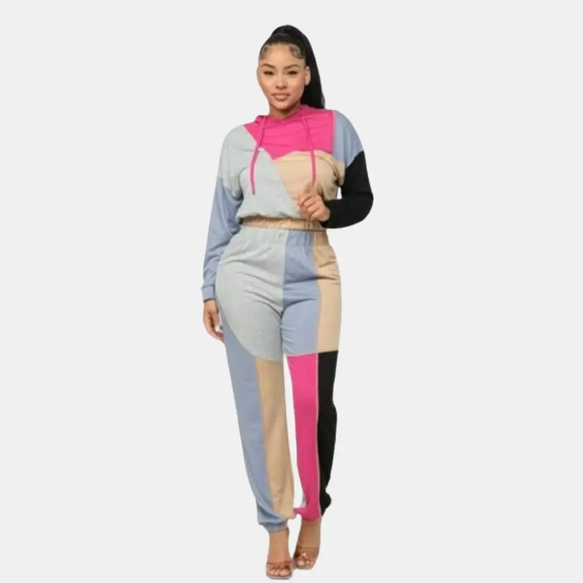 sally Color Block Drawstring Hoodie and Pants set Womenswear