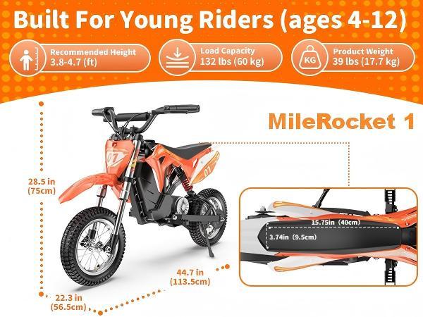 MileRocket1 Kids Electric Bike, 36V 300W Motor, 3-Speed Modes Up to 15.5MPH, 9.32 Mile Range, Dual Suspension,12 * 2.75" Tires, for Height 3.8-4.7ft