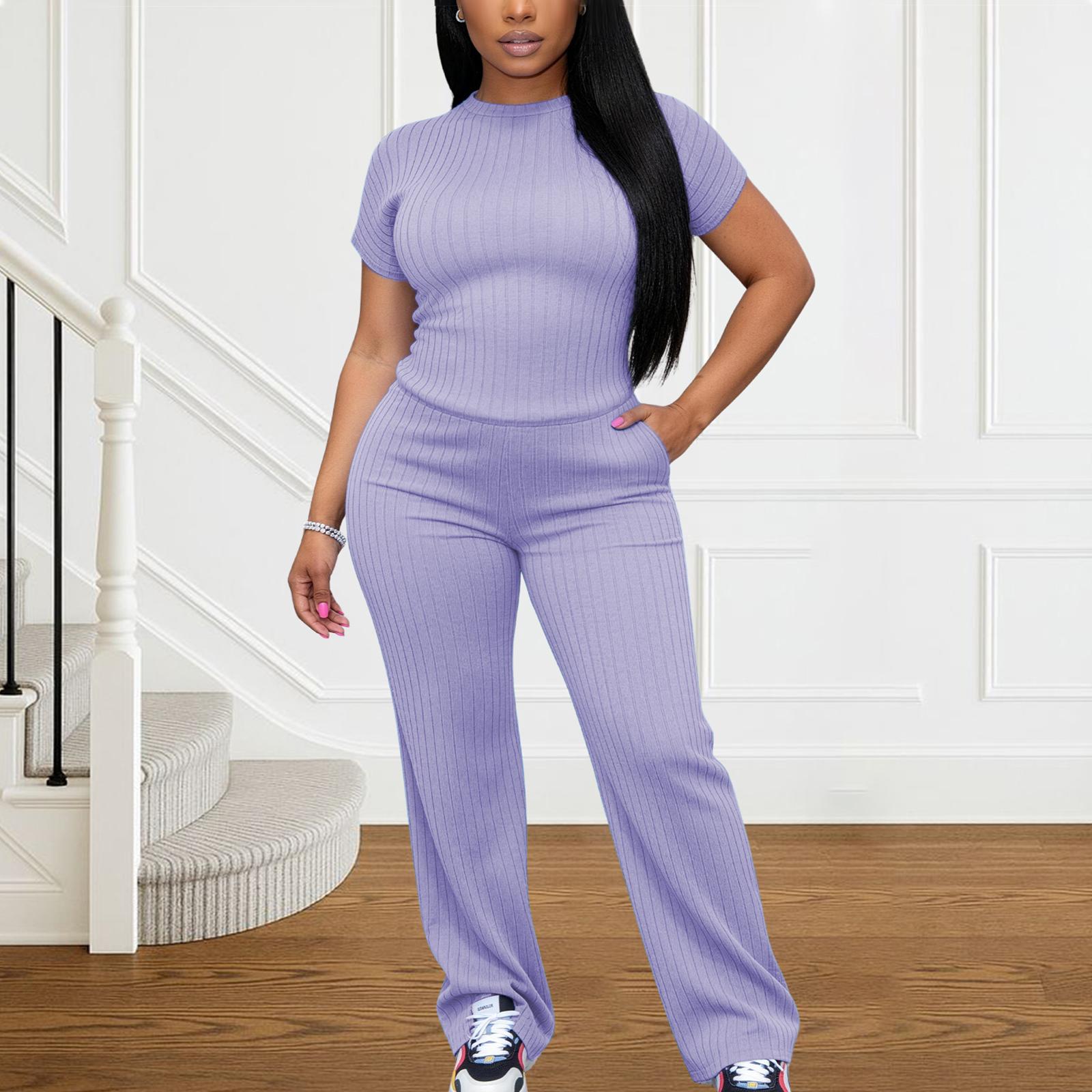 Women's All-Season Ribbed Knit Set - Thin Lightweight Fabric, Crew Neck Short Sleeve Tee & Wide Leg Pants with Pockets, Comfy for Loungewear, WFH & Weekend Casual