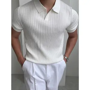 Men's Small Ribbed Short Sleeve Polo Shirt Knitted Sweater