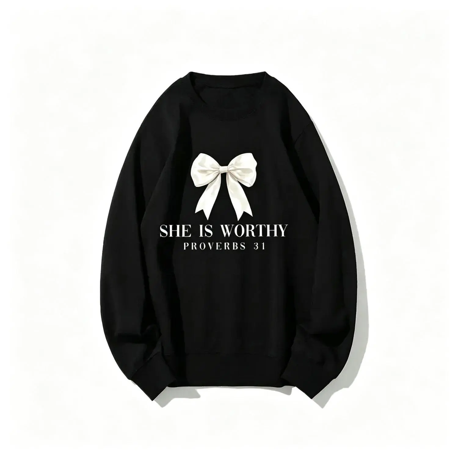 Christian She Is Worthy Bow Crew Neck Sweatshirt Faith Based Bible Verse Pullover Casual Long Sleeve Everyday Fall Winter Fashion Apparel
