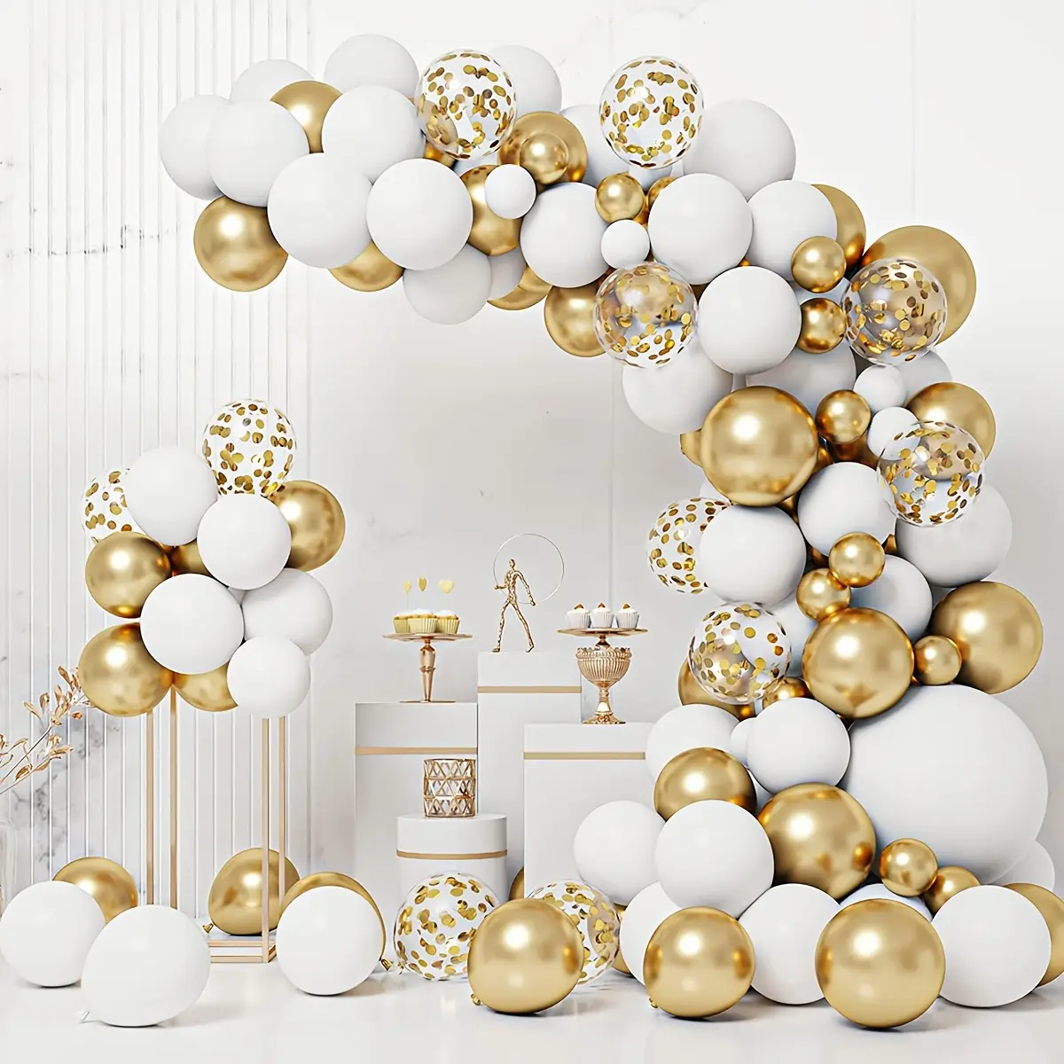 112pcs Round White & Golden Mixed Color Latex Balloon Set - Versatile Festive & Party Decorations for Weddings, Birthdays, Holiday Celebrations