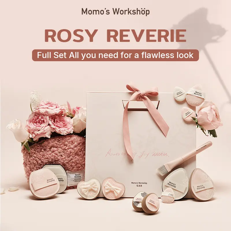 Momo's Workshop Rosy Reverie Full Set, Portable Pouch & Full Set of Tools, Brush & Puffs Available, Detail Puffs, Create a Flawless Look, Travel & Gift Friendly, Makeup & Cosmetic & Beauty Glow Set