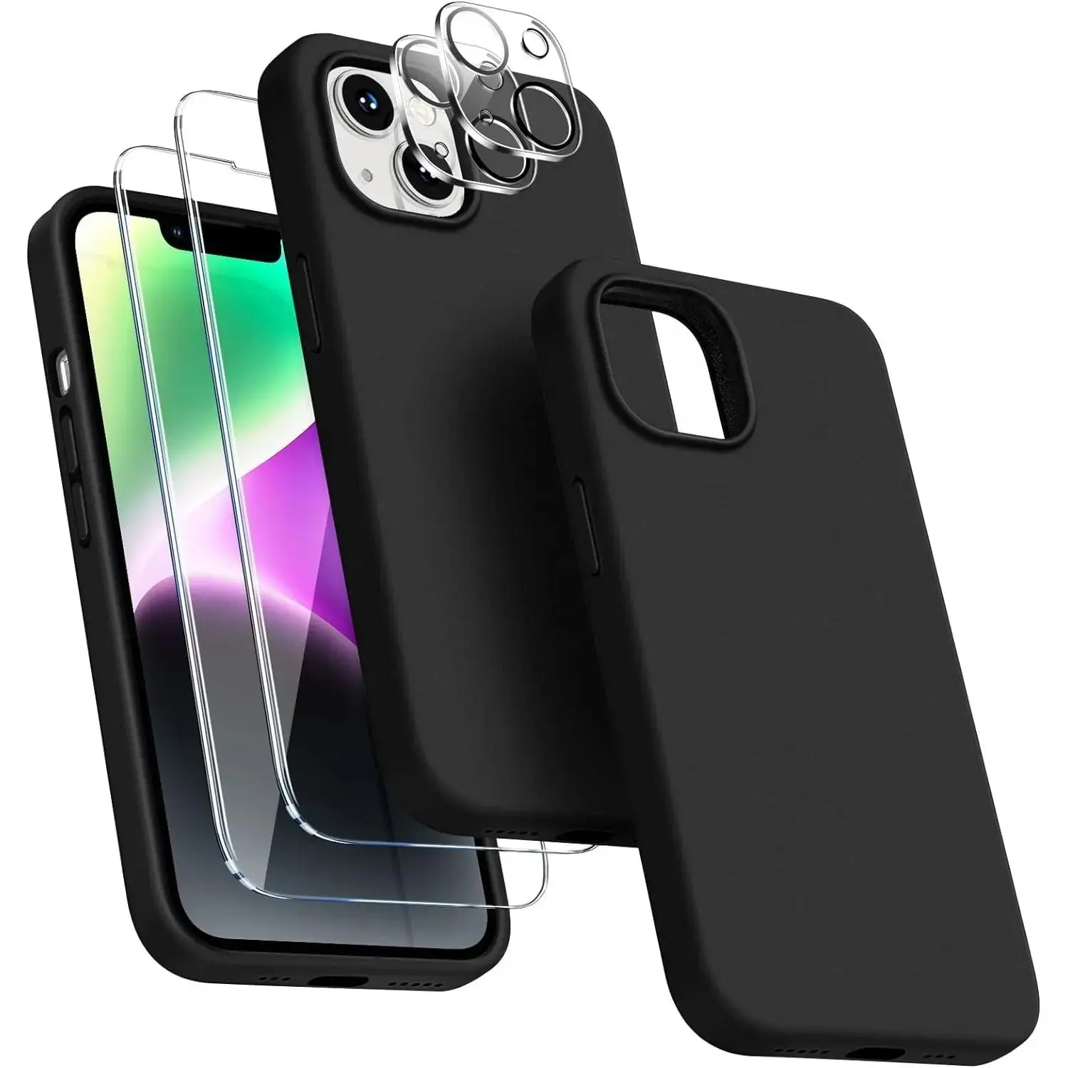 Entronix Silicone Case for iPhone 13 - 5 in 1 Bundle with 2 Clear Tempered Glass & 2 Camera Lens Shockproof Case Protectors, Liquid Silicone Casing