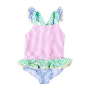 Colorblock Seersucker One Piece Swimsuit - Girls Pastel Stripe Swimwear