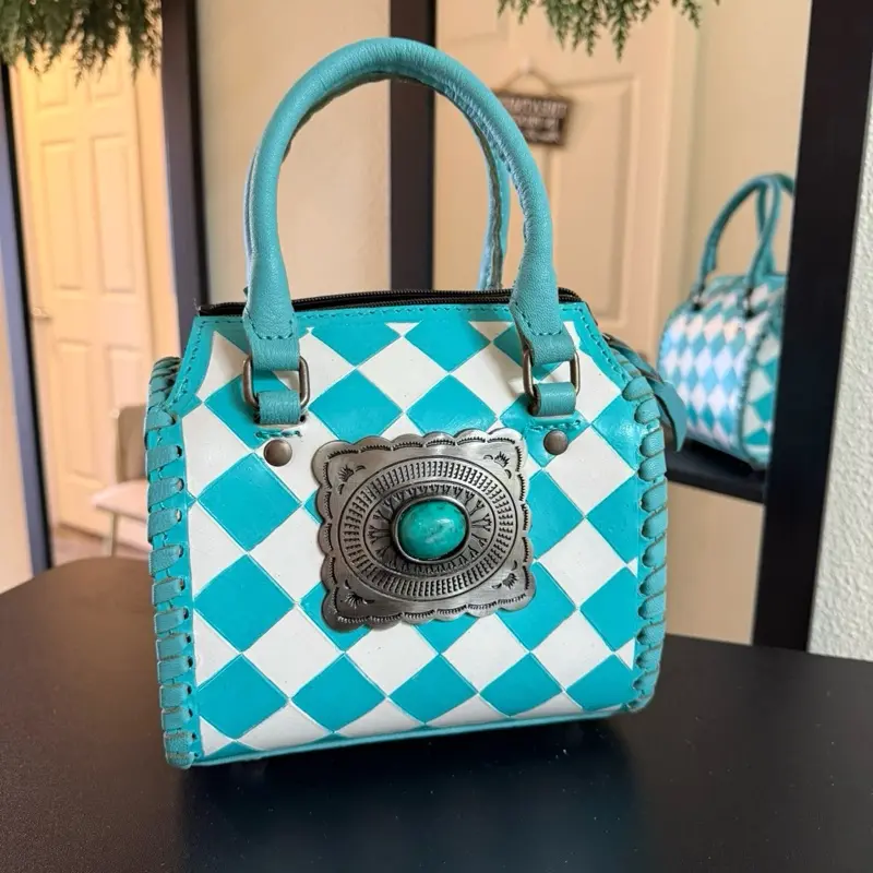Mini Leather Speedy Bag Western Leather Top Handle Cowgirl Handbag turquoise checkered concho