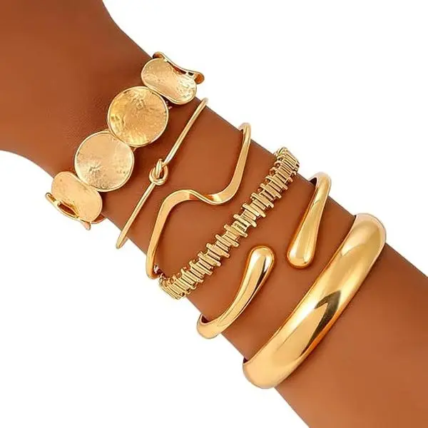 6PCS Gold Bangle Bracelets for Women Gold Plated Chunky Cuff Bangle Bracelet Stackable Multi Layer Bangles Fashion Jewelry Set