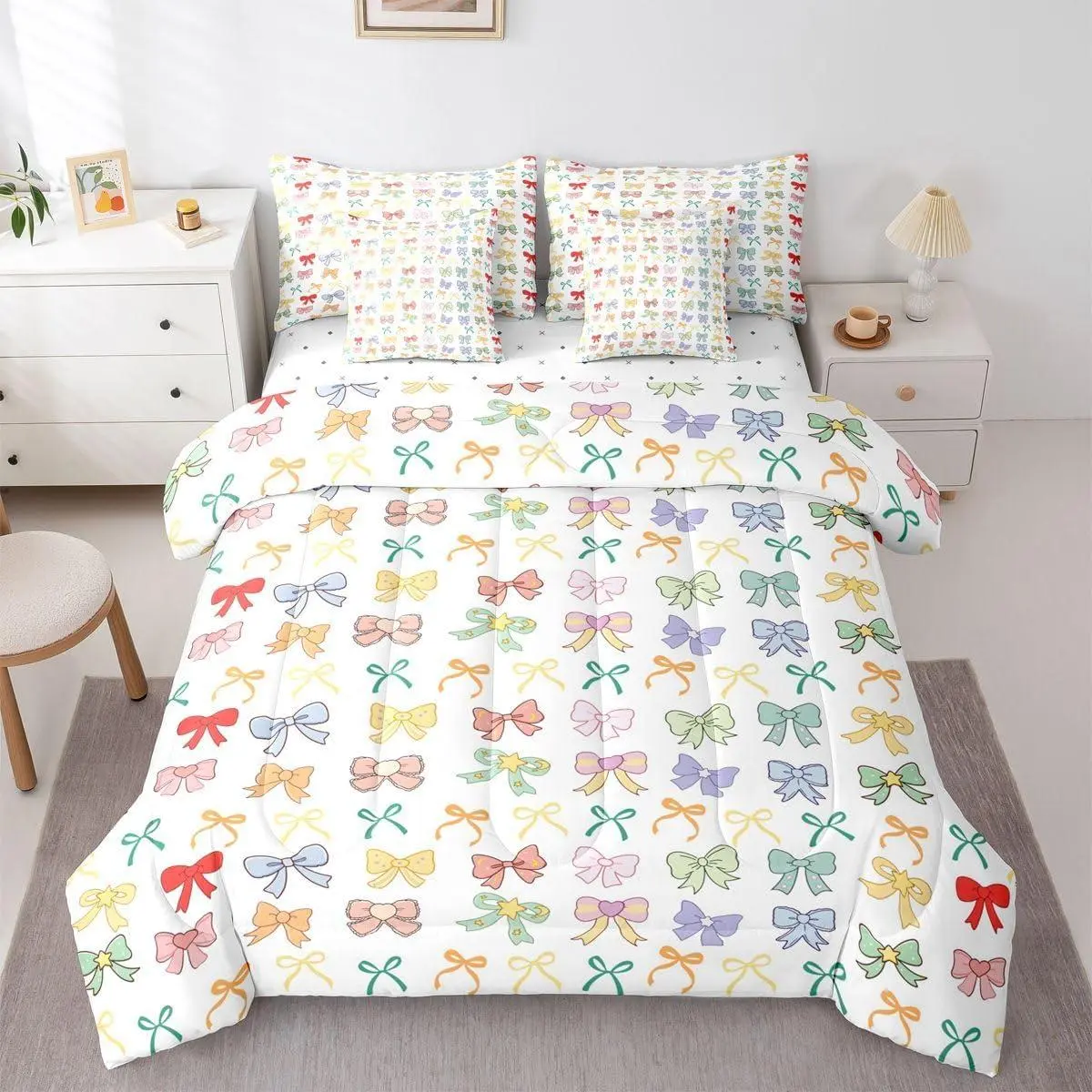 Bowknot Comforter Set Coquette Bows 7 Pieces Bedding Dreamy Princess Style Bed Set with Sheets Bow Tie Bed in A Bag Bedroom Decor