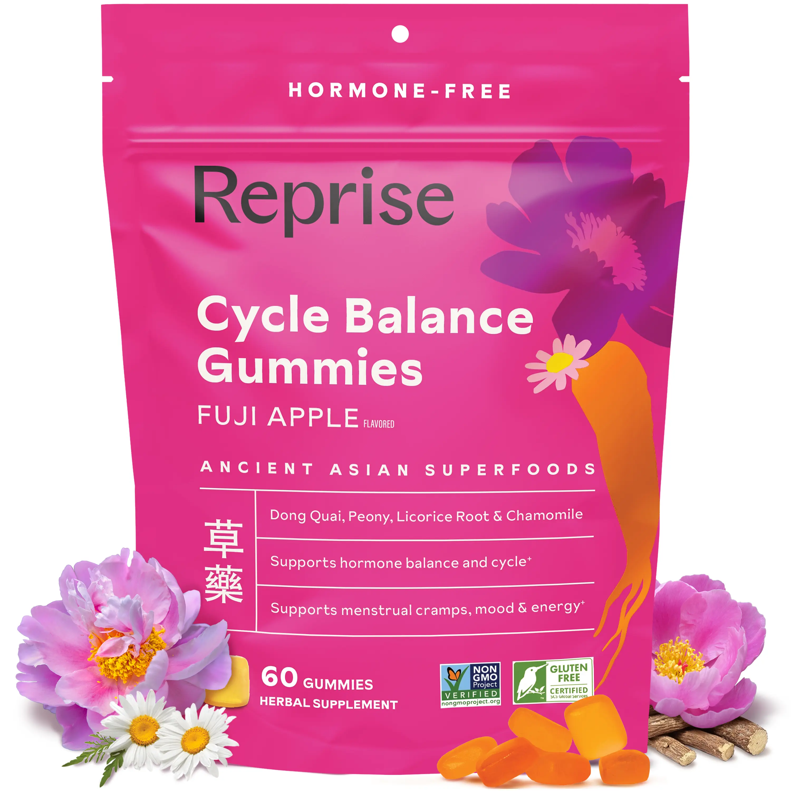 Cycle Balance Gummies - For menstrual cycle - Supports hormone balance for a healthy cycle - Reduces cramp - Boosts mood & energy - Peony Root, Licorice Root, Chamomile, Dong Quai - Dietary Supplement - 60 Gummies - 30 Day Supply - Reprise