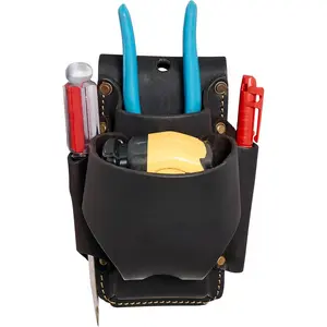 Small Leather Tool Pouch - 4-in-1 Heavy Top Grain Leather Small Tool Pouch with a Tape Measure Holder, 3 Pockets & Reinforced Heavy Duty Rivets - Fits Belts up to 3" - Handcrafted