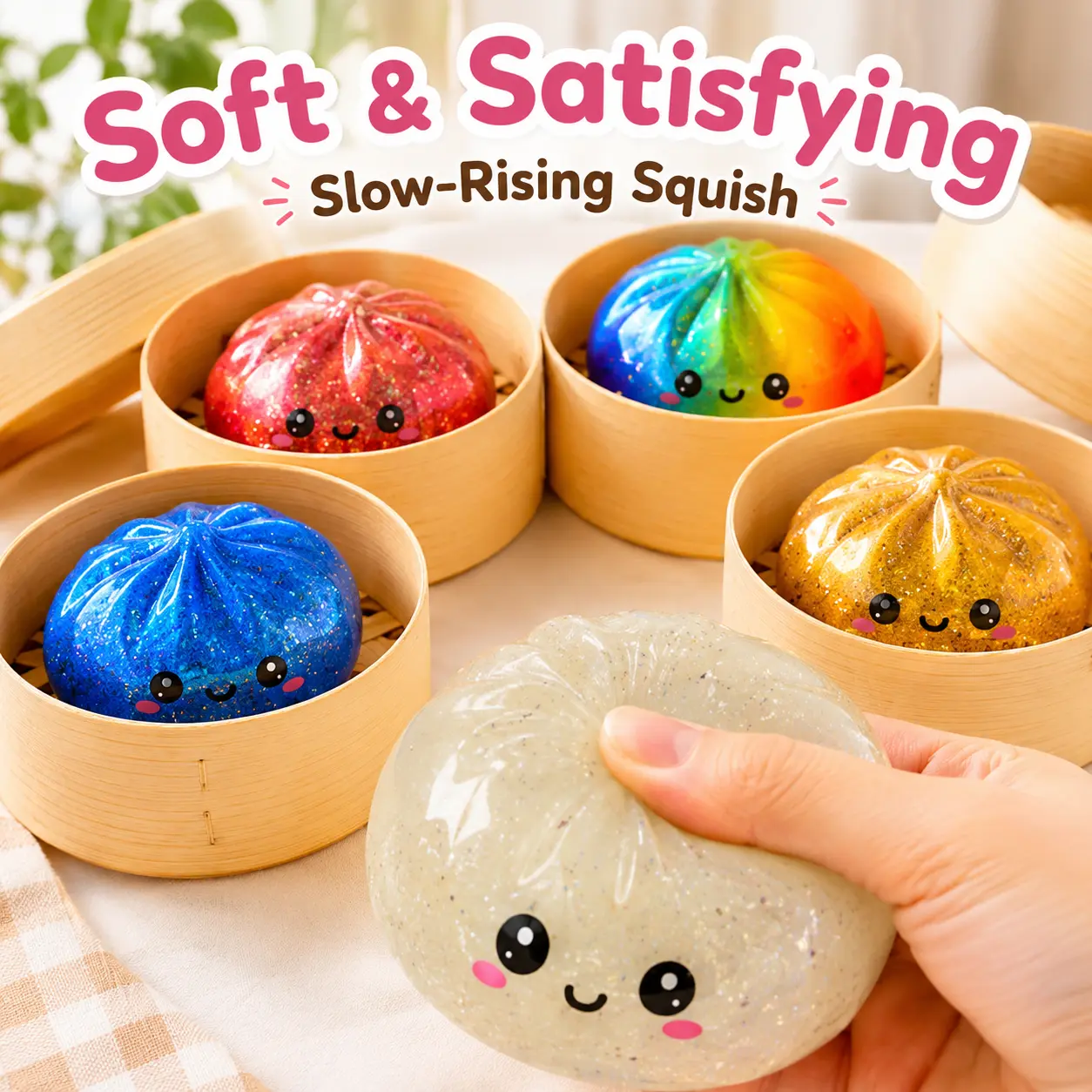 Glitter Dumpling Squishy Toy with Steamer, Soft TPR Steamed Bun Squeeze Toy, Cute Desk Fidget Toy for Kids & Adults squeeze fidget toy stress relief