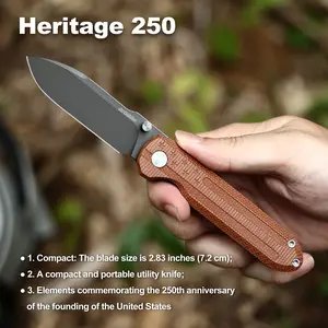 #FathersdayGift- Heritage 250 Folding Pocket Knife, D2 Steel Grey Titanium Blade, Brown Micarta Handle with 3D Stars & Stripes Engraving, Liner Lock Everyday Carry Utility Knife, 250th Anniversary Collectible Gift