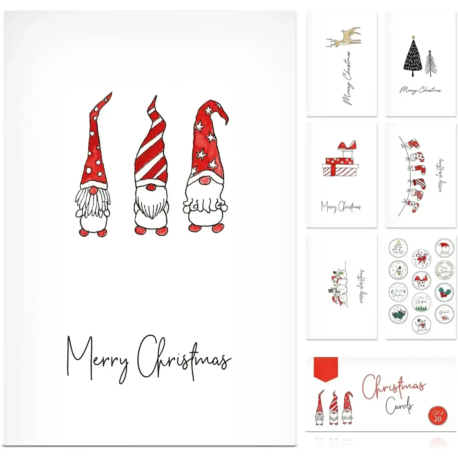 Modern Christmas Cards Set (20-Pack) - 6 Minimalist Art Designs, 4x6 in Each, Blank Inside, 20 Matching White Envelopes, Matching Stickers, Storage Box, Office Stationery for Holiday Wishes to Friends, 4X6 Inches Each Card