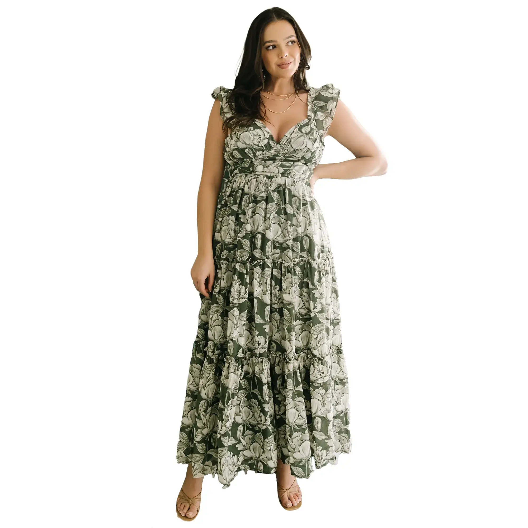 Women's Martina Chiffon Tiered Maxi Dress - Green + White, Modest Bohemian Style, Flowing Graceful-Line Skirt, Semi-Casual for Brunch, Wedding Guest Attire for Anniversary