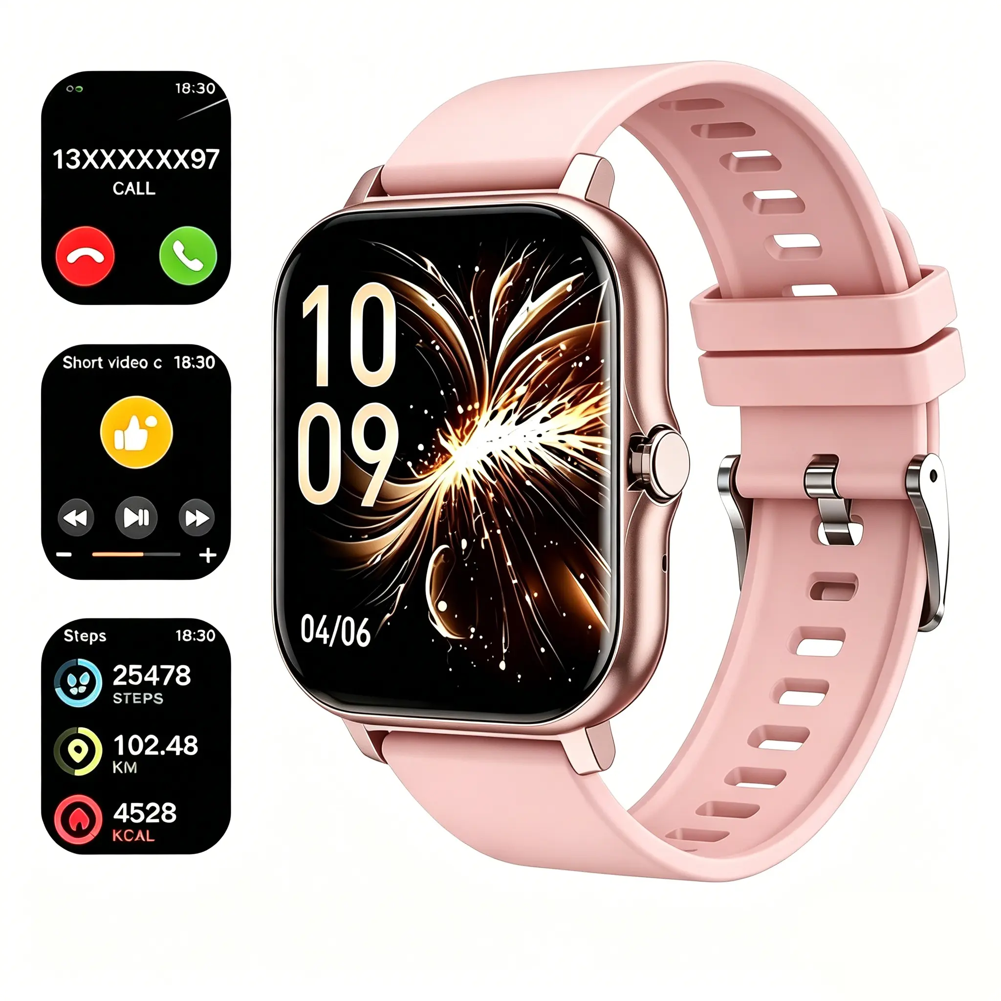 Smart watch, wireless talking/dialing, multi-sport mode, call reminder and rejection, SMS reminder, message reminder, various APP reminders, multi-function display, HD screen, multiple colors Alloy Charging Pink Smartphone Usb Wearable Rechargeable tiktok
